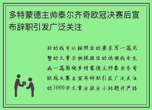 多特蒙德主帅泰尔齐奇欧冠决赛后宣布辞职引发广泛关注 多特蒙德主帅泰尔齐奇欧冠决赛后宣布辞职引发广泛关注